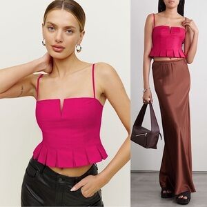 REFORMATION 90s Square Neck Sleeveless Organic Cotton Pleated Hem Corset Top 2